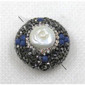 white pearl bead paved black rhinestone, flat round, approx 25mm dia