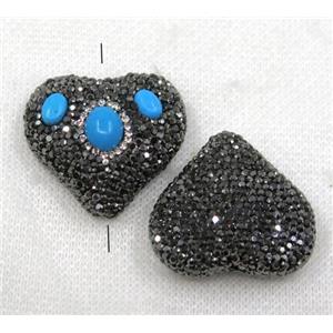 blue turquoise beads paved black rhinestone, heart, approx 34mm wide