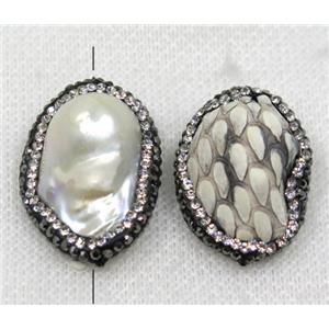 white pearl beads paved rhinestone, freeform, white snakeskin, approx 22-30mm