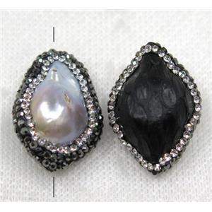white pearl bead paved rhinestone, freeform, black snakeskin, approx 22-30mm
