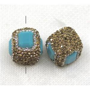 blue crystal glass bead paved yellow rhinestone, cube, approx 18x18mm