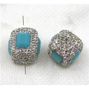 blue crystal glass beads paved withe rhinestone, cube, approx 18x18mm