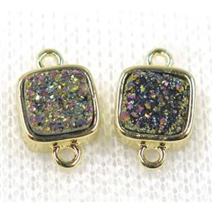 rainbow druzy quartz connector, square, gold plated, approx 8x8mm
