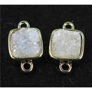 druzy quartz connector, white AB-color, square, gold plated, approx 8x8mm