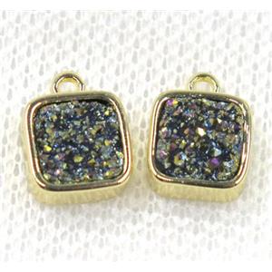 rainbow druzy quartz pendant, square, gold plated, approx 8x8mm