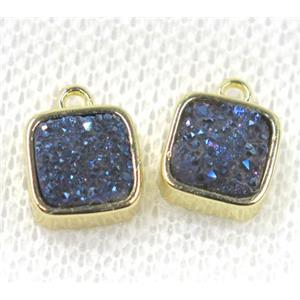 blue druzy quartz pendant, square, gold plated, approx 8x8mm