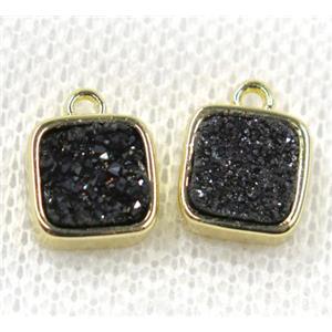 black druzy quartz pendant, square, gold plated, approx 8x8mm
