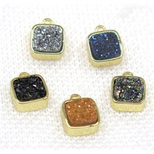 druzy quartz pendant, mix color, square, gold plated, approx 8x8mm