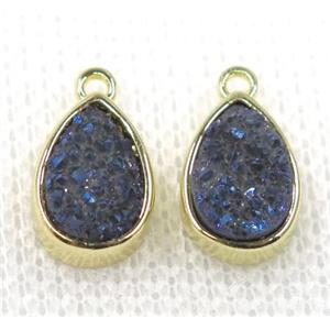 blue druzy quartz teardrop pendant, gold plated, approx 6x10mm