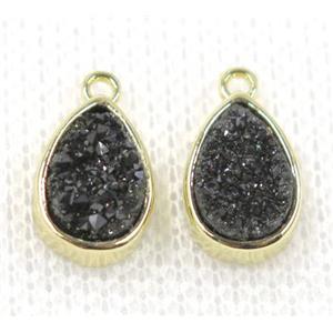 black druzy quartz teardrop pendant, gold plated, approx 6x10mm