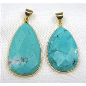blue Turquoise pendant, faceted teardrop, gold plated, approx 20-45mm