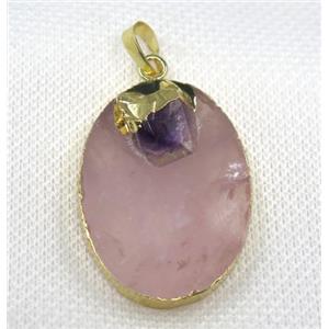 Rose Quartz oval pendant, gold plated, approx 25-35mm