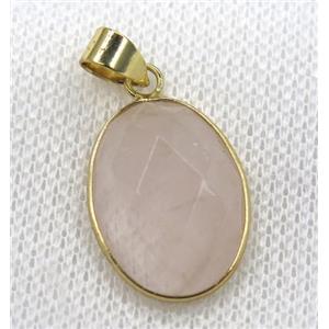 rose quartz pendant, pink, faceted oval, gold plated, approx 15x20mm