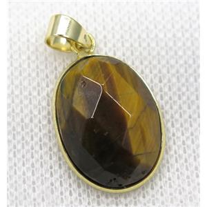 yellow Tiger eye stone pendant, faceted oval, gold plated, approx 15x20mm