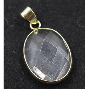 clear quartz pendant, faceted oval, gold plated, approx 15x20mm