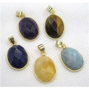mix gemstone pendant, faceted oval, gold plated, approx 15x20mm