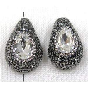 crystal glass bead paved black rhinestone, teardrop, approx 20-30mm