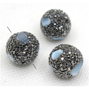 Aquamarine beads paved black rhinestone, round, approx 18mm dia