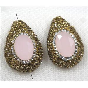 pink crystal glass beads paved yellow rhinestone, teardrop, approx 20-30mm