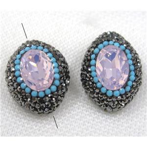 pink crystal glass bead paved black rhinestone, oval, approx 20-28mm