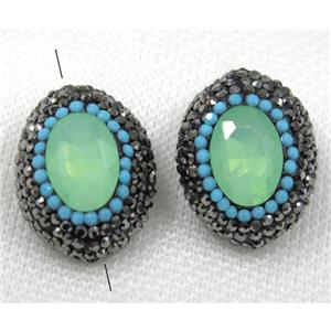 green crystal glass beads paved black rhinestone, oval, approx 20-28mm