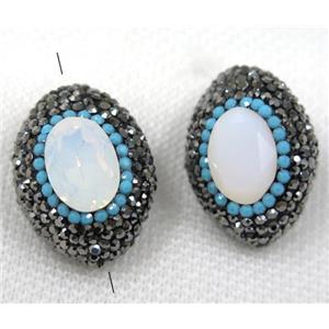 white crystal glass opalite bead paved black rhinestone, oval, approx 20-28mm