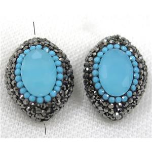 blue crystal glass beads paved black rhinestone, oval, approx 20-28mm