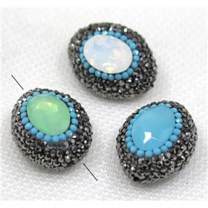 crystal glass bead paved black rhinestone, mix color, oval, approx 20-28mm