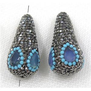 blue crystal glass bead paved black rhinestone, teardrop, approx 18-35mm