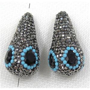 black crystal glass bead paved rhinestone, teardrop, approx 18-35mm