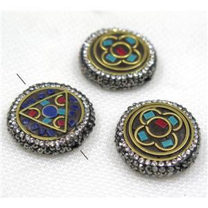 Nepal style turquoise bead paved rhinestone, flat round, approx 27mm dia