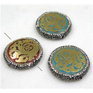Nepal style turquoise bead paved rhinestone, mix color, flat round, approx 33mm dia