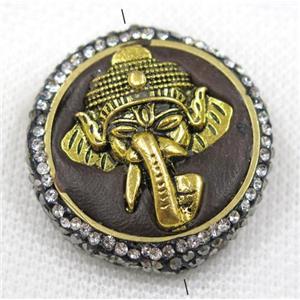 Nepal style turquoise bead paved rhinestone, flat round, gold elephant, approx 33mm dia