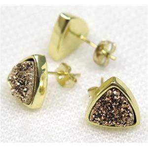 coffee druzy quartz earring studs, triangle, approx 10mm dia