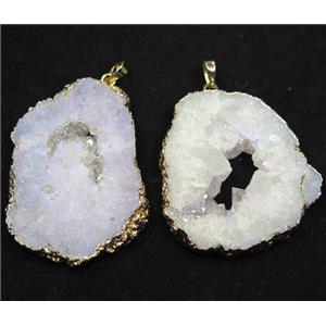 agate druzy slice pendant, white AB color, freeform, gold plated, approx 20-60mm