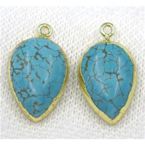 blue turquoise pendant, teardrop, gold plated, approx 15-20mm