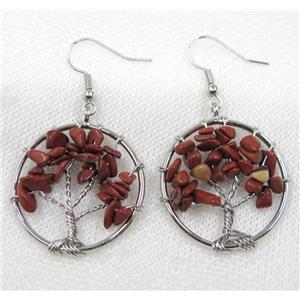 Tree of life earring with red jasper bead chips, platinum, approx 30mm dia