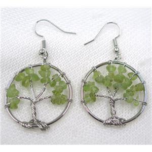 Tree of life earring with green prehnite chip bead, platinum, approx 30mm dia