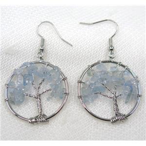 tree of life earring with blue aquamarine bead chips, platinum, approx 30mm dia