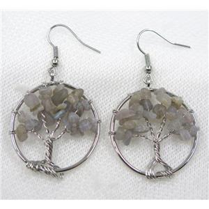 tree of life earring with labradorite bead chip, platinum, approx 30mm dia