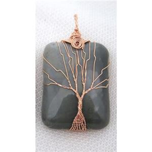 Indian Agate Rectangle Pendant Tree Of Life Wire Wrapped Rose Gold, approx 30x40mm