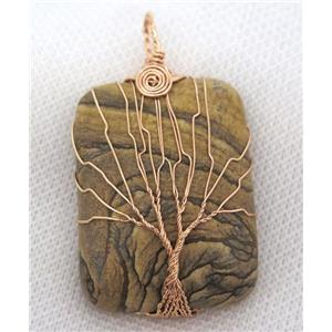Picture Jasper Rectangle Pendant Tree Of Life Wire Wrapped Rose Gold, approx 30x40mm