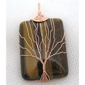 Tiger Eye Stone Rectangle Pendant Tree Of Life Wire Wrapped Rose Gold, approx 30x40mm