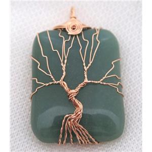 Green Aventurine Rectangle Pendant Tree Of Life Wire Wrapped Rose Gold, approx 30x40mm