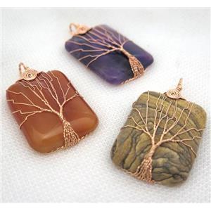 Natural Gemstone Rectangle Pendant Tree Of Life Wire Wrapped Rose Gold Mixed, approx 30x40mm