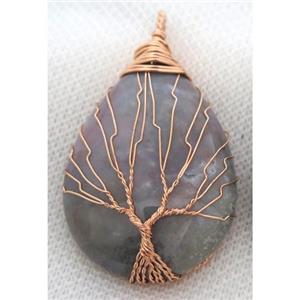 Indian Agate Teardrop Pendant Tree Of Life Wire Wrapped Rose Gold, approx 30x40mm