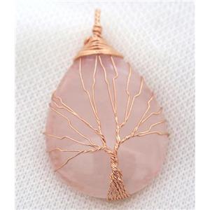 Pink Rose Quartz Teardrop Pendant Tree Of Life Wire Wrapped Rose Gold, approx 30x40mm