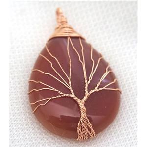 Red Agate Teardrop Pendant Tree Of Life Wire Wrapped Rose Gold, approx 30x40mm