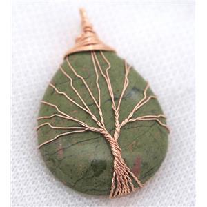 Unakite Teardrop Pendant Tree Of Life Wire Wrapped Rose Gold, approx 30x40mm