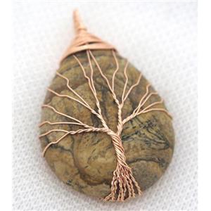 Picture Jasper Teardrop Pendant Tree Of Life Wire Wrapped Rose Gold, approx 30x40mm